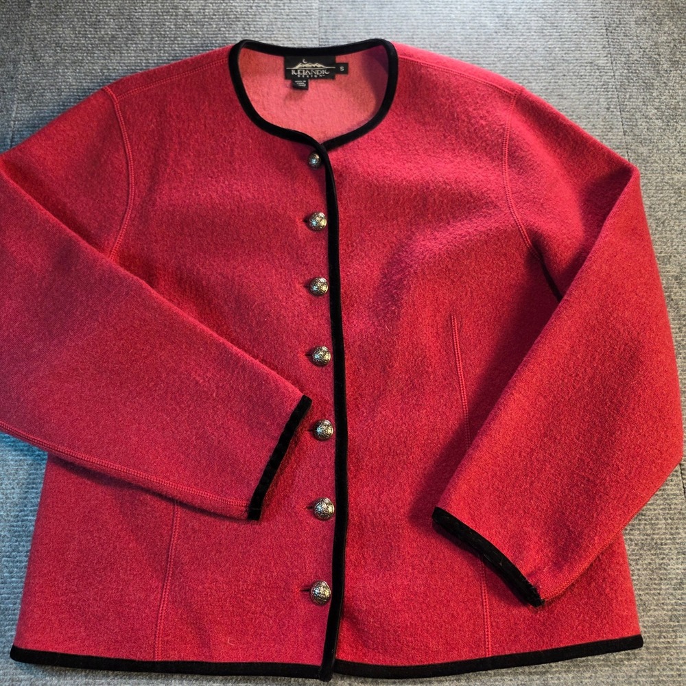 Icelandic Design Jacket Women Small Red Excellent Boiled Wool Velvet Trim Ornate